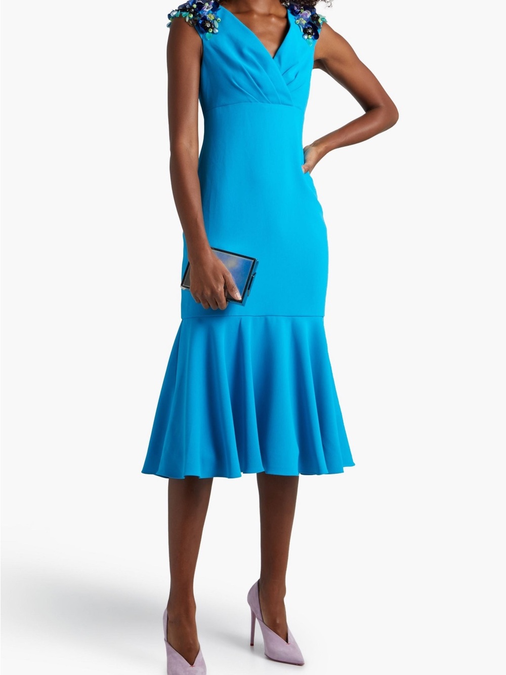 Badgley Mischka Bright Turquoise V-Neck Midi Dress with Flared Hem